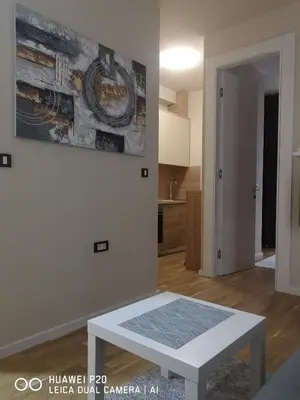 a living room with a table and a painting on the wall at Život je tren in Podgorica