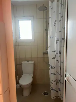 a bathroom with a toilet with a shower curtain at Villa M in Becici