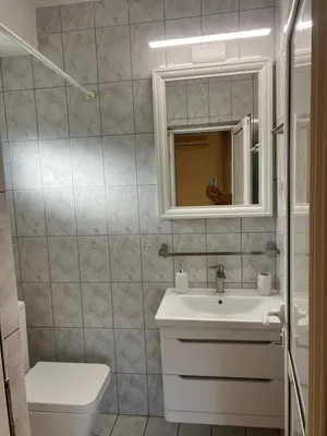 a bathroom with a sink and a toilet and a mirror at Villa M in Becici
