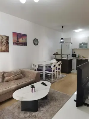 a living room with a couch and a table at Vacation Apartment City Kvart in Podgorica