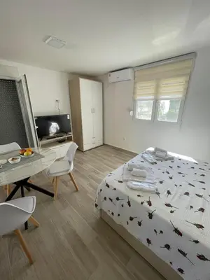 a bedroom with a bed and a desk and a television at Jeja Apartments in Sutomore