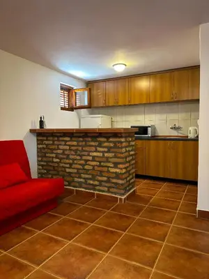 a kitchen with a red couch and a brick fireplace at Cozy Place in Utjeha