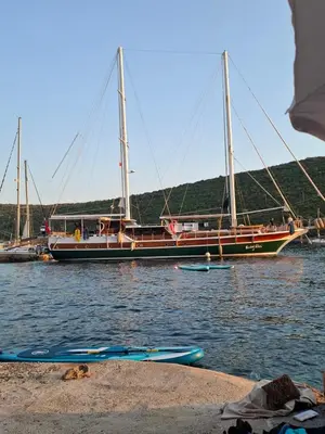 a large boat in the water with people on it at Apartman u zelenilu Bigove in Kotor