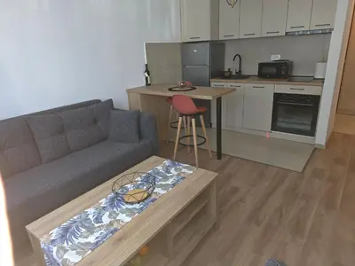 a living room with a couch and a table and a kitchen at Apartman Cetinje in Cetinje