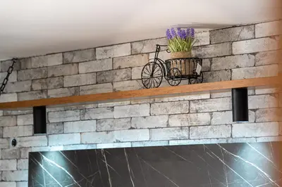 a brick wall with a bike on top of a fireplace at Hillside Apartments in Becici