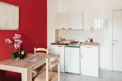 a kitchen with a wooden table and a red wall at Guesthouse Lole in Bar
