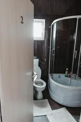 a bathroom with a toilet and a bath tub at Guesthouse Lole in Bar