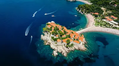 an aerial view of a island in the water at Suite Apartment Sveti Stefan in Sveti Stefan