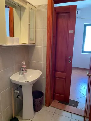 a bathroom with a sink and a red door at Apartments Boffi in Ulcinj