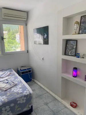 a small bedroom with a bed and a window at Apartman Ema in Sutomore