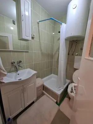 a bathroom with a sink and a toilet and a shower at Apartman Ema in Sutomore