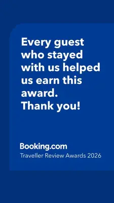 a blue picture with the words every guest who stayed with us helped us earn this at Una apartmani Petrovac in Petrovac na Moru
