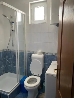 a small bathroom with a toilet and a shower at Una apartmani Petrovac in Petrovac na Moru