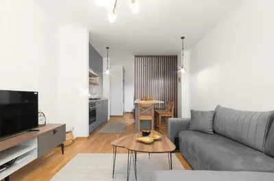 a living room with a couch and a table at Anja Apartment in Becici