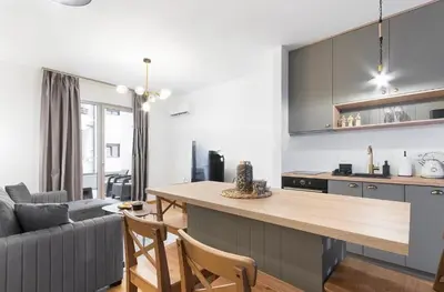 a kitchen and living room with a table and a couch at Anja Apartment in Becici