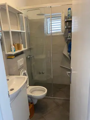 a bathroom with a shower and a toilet and a sink at Deskos Cottage in Sutomore in Zgrada