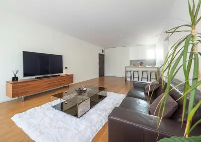 a living room with a couch and a tv at Classy Two-Bedroom Apartment in Budva