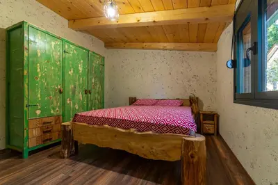 a bedroom with a bed and a green cabinet at Rustic Cottage Montenegro Bridje in Podgorica