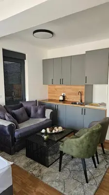 a living room with a couch and a table at Podgorica apartments Planet in Podgorica