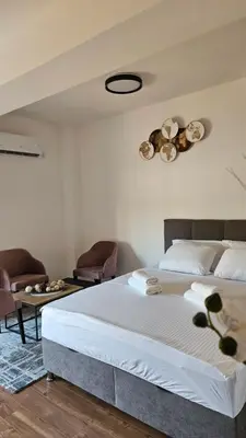 a bedroom with a large bed and two chairs at Podgorica apartments Planet in Podgorica