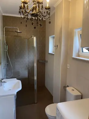 a bathroom with a shower and a toilet and a chandelier at Garden House in Budva