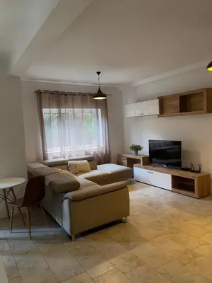 a living room with a couch and a tv at Garden House in Budva