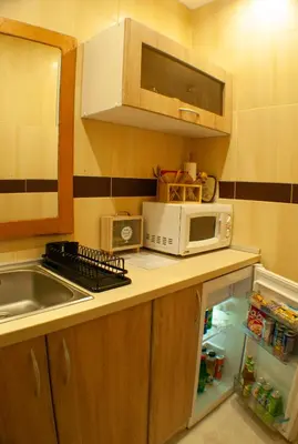 a small kitchen with a sink and a microwave at Sleep & Spa 1 in Podgorica