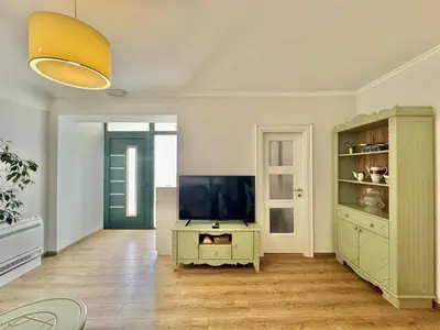a living room with a television and a fireplace at Lenny One bedroom Apartment Sveti Stefan in Budva