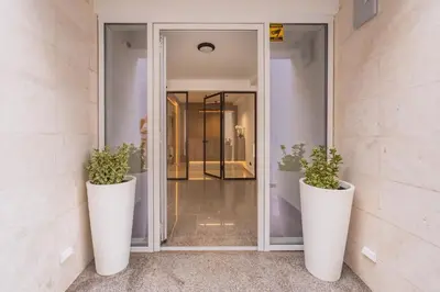 two large white vases with plants on the side of a building at Bliss Apartments in Sutomore