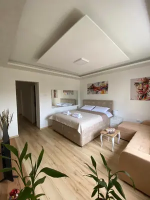 a large bedroom with a bed and a couch at Comfort studio Lepa Kata in Podgorica