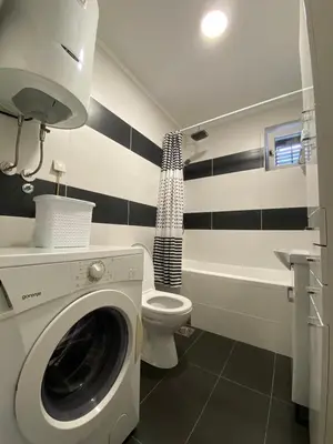 a bathroom with a washing machine and a toilet at Comfort studio Lepa Kata in Podgorica
