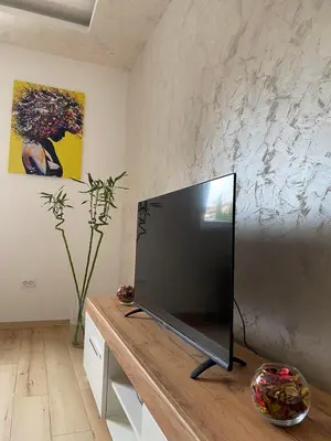 a flat screen tv sitting on top of a wooden table at Comfort studio Lepa Kata in Podgorica
