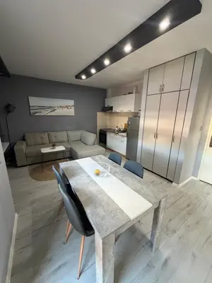 a kitchen and living room with a table and chairs at Apartment Saint Tropez Budva, Privatna garaža in Budva