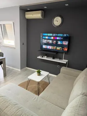 a living room with a couch and a tv at Apartment Saint Tropez Budva, Privatna garaža in Budva