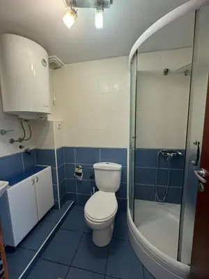 a bathroom with a toilet and a shower and a sink at Budva Center Studio in Budva