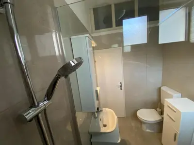 a bathroom with a toilet and a glass shower door at Apartman Ela Podgorica in Podgorica