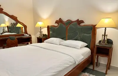 a bedroom with a large bed with a green headboard at Central 25 in Podgorica