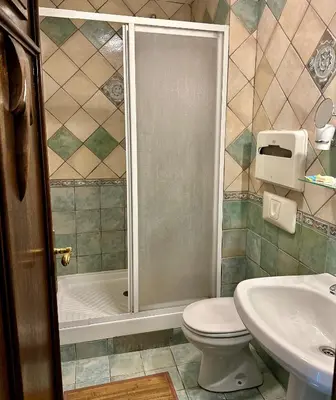 a bathroom with a shower and a toilet and a sink at Central 25 in Podgorica