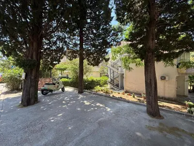 a driveway with a scooter parked between two trees at Apartmani Mareta in Petrovac na Moru