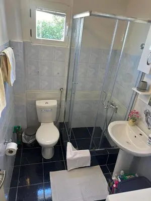 a bathroom with a toilet and a shower and a sink at TIA Sveti Stefan in Budva