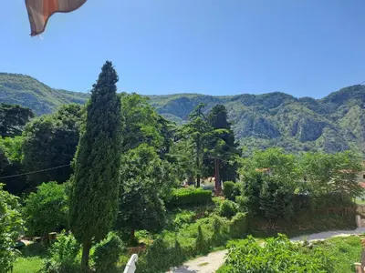 a view of the mountains from the garden at N&B Apartment Kotor in Kotor