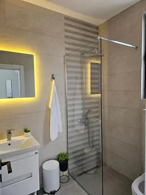 a bathroom with a shower and a toilet and a sink at La Vida Apartments in Babalonija