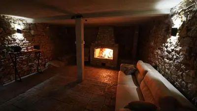 a living room with a couch and a fireplace at Montenegro Tower in Pečurice