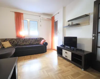 a living room with a couch and a flat screen tv at Status-M Apartments Rozino in Budva