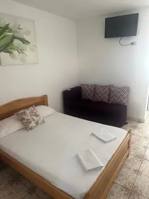 a bedroom with a bed with a chair and a television at Apartmani Resetar 2 in Brca
