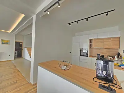 a kitchen with a counter with a blender on a counter at Villa LuceSole Budva in Budva