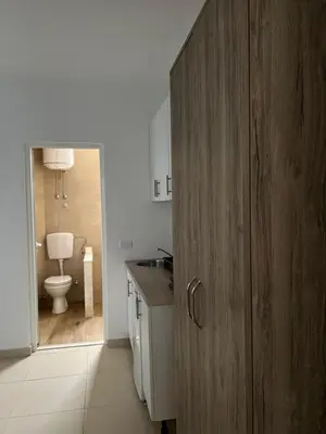a bathroom with a toilet and a wooden door at Apartments Drini in Ulcinj