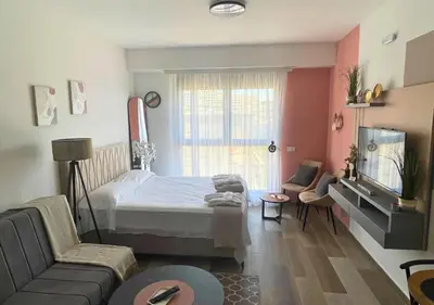 a bedroom with a bed and a couch and a tv at Appartment Do and Pool in Ulcinj