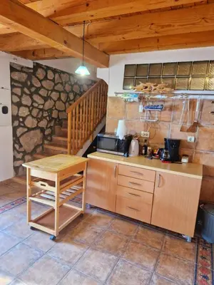 a kitchen with a wooden table and a counter at Stonehouse Mimi in Lapčići