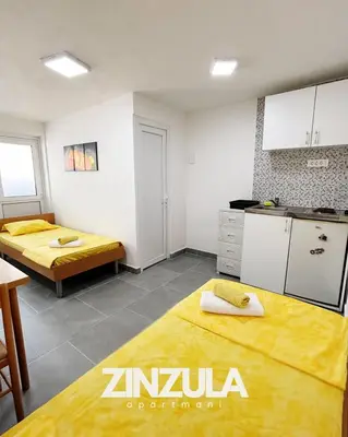 a large room with two beds and a kitchen at Zinzula 1 in Bar